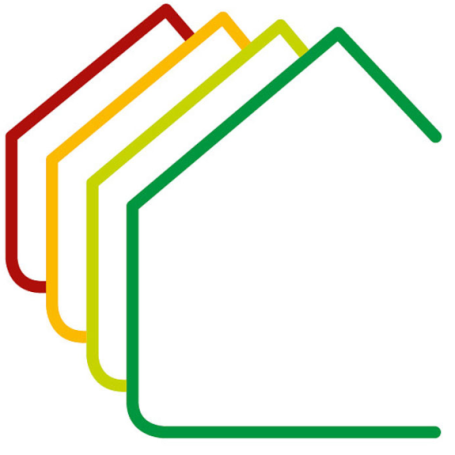 Verschiedene Haus-Silhouetten in Rot, Gelb, Grün und Weiß.